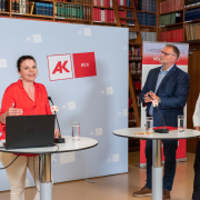 Christa Bauer, Willi Mernyi und Renate Anderl bei der Pressekonferenz Zivil.Courage.Online App © MKÖ/Jacqueline Godany